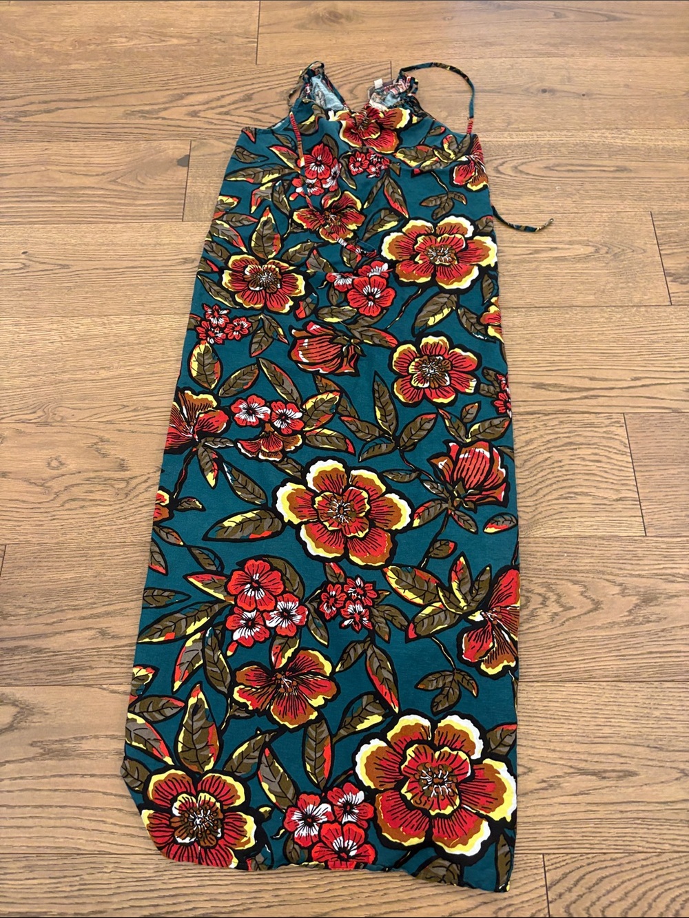 Loft Teal Floral Maxi Dress with Red & Yellow Blooms NWOT